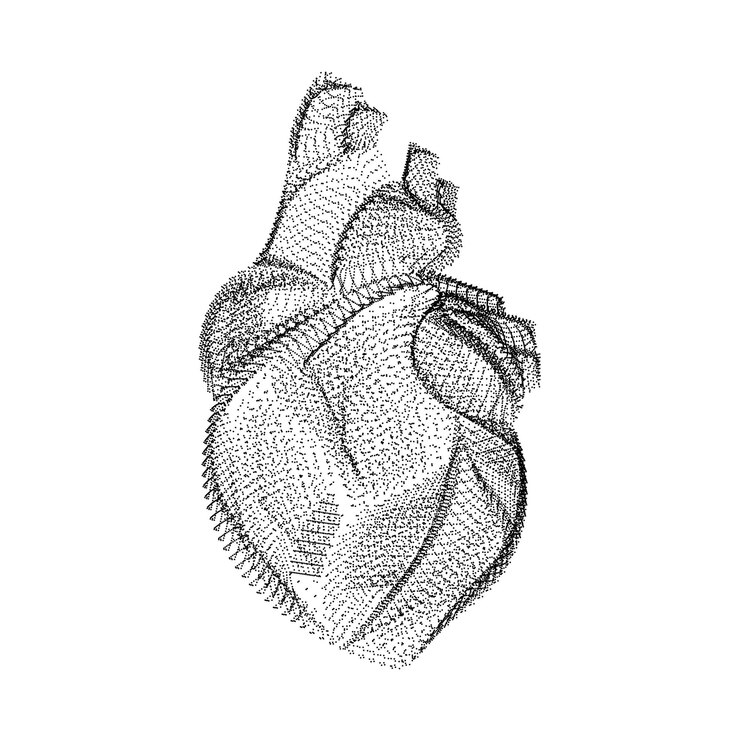 Silueta de corazón humano que consta de partículas y puntos negros. Estructura metálica de vector 3D de órgano interno con textura de grano. Icono geométrico abstracto con estructura punteada aislado sobre un fondo blanco.