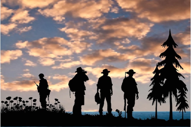 Vector silueta de cuatro vaqueros al atardecer con un árbol