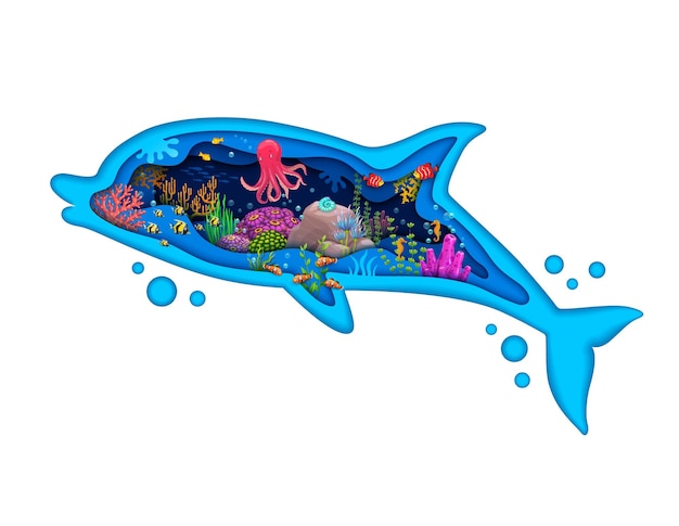 Silueta de delfín con papel marino cortado bajo el agua algas marinas pulpo y cardúmenes de peces marco vectorial 3D en forma de cuerpo de animal oceánico lúdico con serena vegetación acuática y peces en la profundidad del agua azul