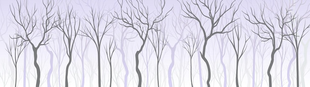Silueta desnuda de árbol con tronco alto y cima ramificada como bosque brumoso Ilustración vectorial de fondo horizontal
