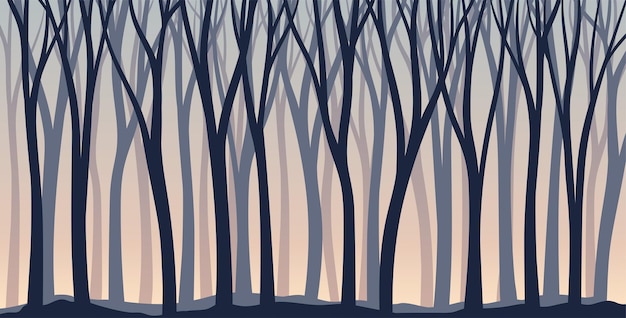 Silueta desnuda de árbol con tronco alto y cima ramificada como bosque brumoso Ilustración vectorial de fondo horizontal