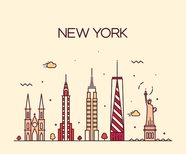 Silueta detallada del horizonte de la ciudad de Nueva York. Ilustración vectorial de moda