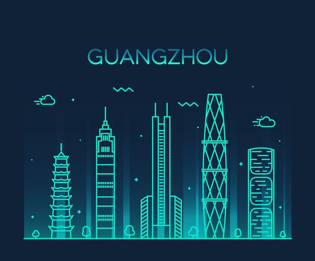 Silueta detallada del horizonte de Guangzhou. Ilustración de vector de moda, estilo de arte de línea.