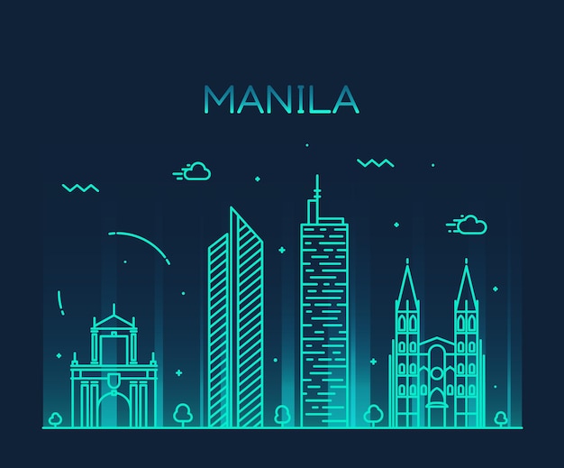 Silueta detallada del horizonte de Manila. Ilustración de vector de moda, estilo de arte de línea.