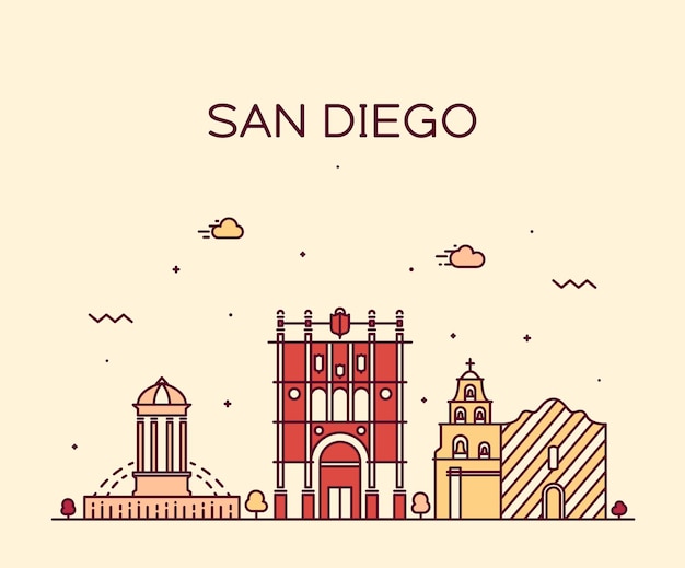 Silueta detallada del horizonte de San Diego. Ilustración de vector de moda, estilo de arte de línea.