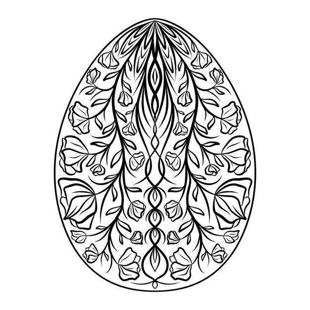 Silueta dibujada a mano de huevo ornamental de Pascua con rizos de patrón, hojas de flores, huevo de primavera floral decorativo de vacaciones de Pascua, boceto de contorno vectorial, ilustración aislada sobre fondo blanco