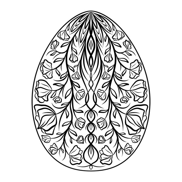 Vector silueta dibujada a mano de huevo ornamental de pascua con rizos de patrón, hojas de flores, huevo de primavera floral decorativo de vacaciones de pascua, boceto de contorno vectorial, ilustración aislada sobre fondo blanco