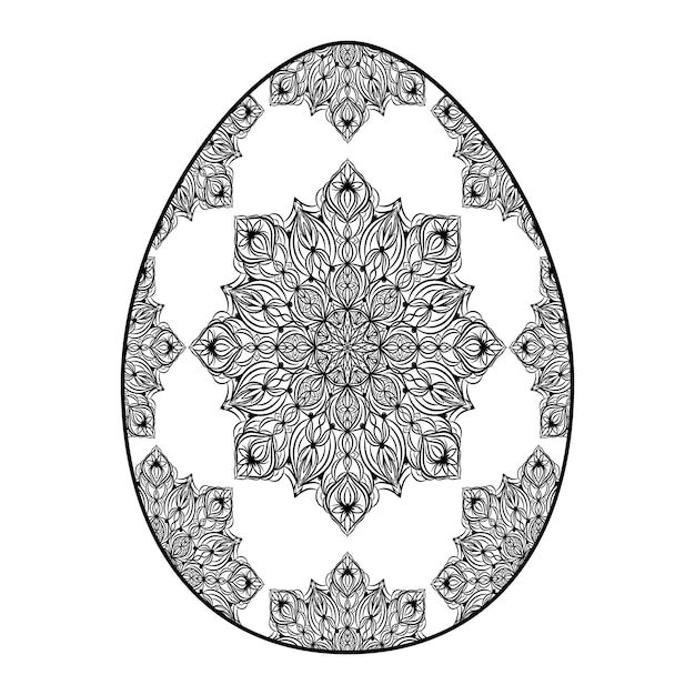 Silueta dibujada a mano de huevo ornamental de pascua con rizos de patrón, hojas de flores, huevo de primavera floral decorativo de vacaciones de pascua, boceto de contorno vectorial, ilustración aislada sobre fondo blanco