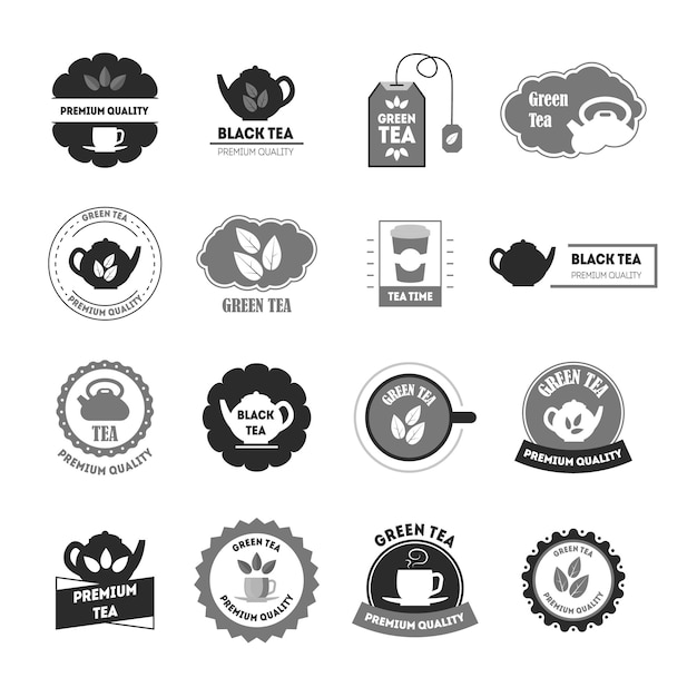 Silueta de dibujos animados Insignias o etiquetas de té Conjunto Concepto de producto de calidad Elemento de diseño plano Estilo Ilustración vectorial de insignia y etiqueta
