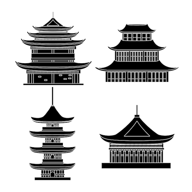 Vector silueta de dibujos animados negro objetos tradicionales de la casa asiática conjunto de pagoda elemento de concepto estilo de diseño plano ilustración vectorial de hogar o templo oriental