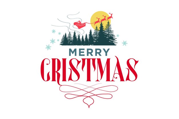 Silueta de diseño de cartel de vector plano de Papá Noel con renos frente a luna llena y pinos fondo blanco aislado