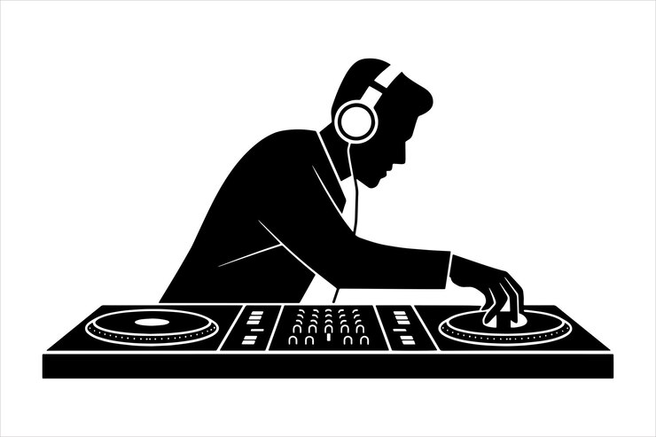 Silueta de DJ con auriculares mezclando música en tocadiscos