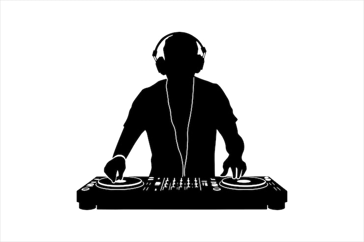 Silueta de DJ con auriculares y tocadiscos