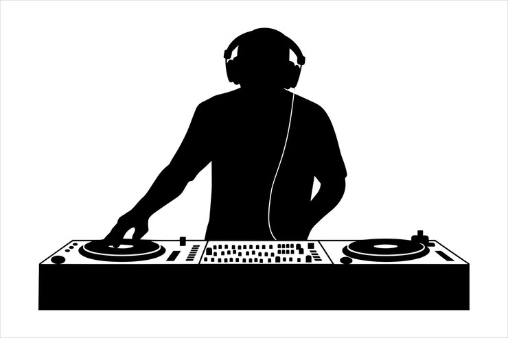 Silueta de DJ con auriculares y tocadiscos
