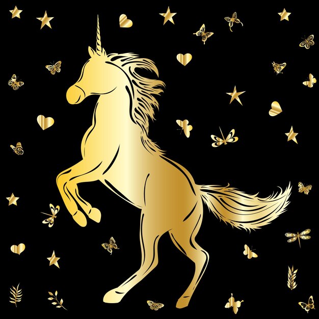 Silueta dorada unicornio vector aislado