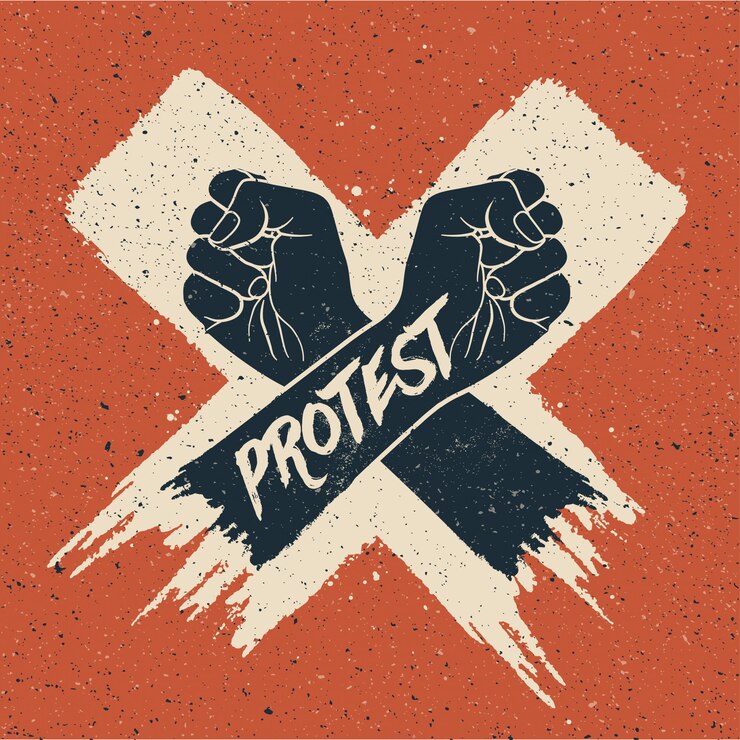 La silueta de dos brazos cruzados en la pintura blanca del cepillo cruzado tiene gusto con el subtítulo de la protesta con textura del grunge en fondo rojo.