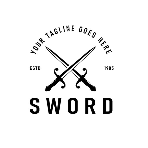Silueta de dos espadas con espadas cruzadas Diseño de logotipo de estilo vintage Ilustración vectorial