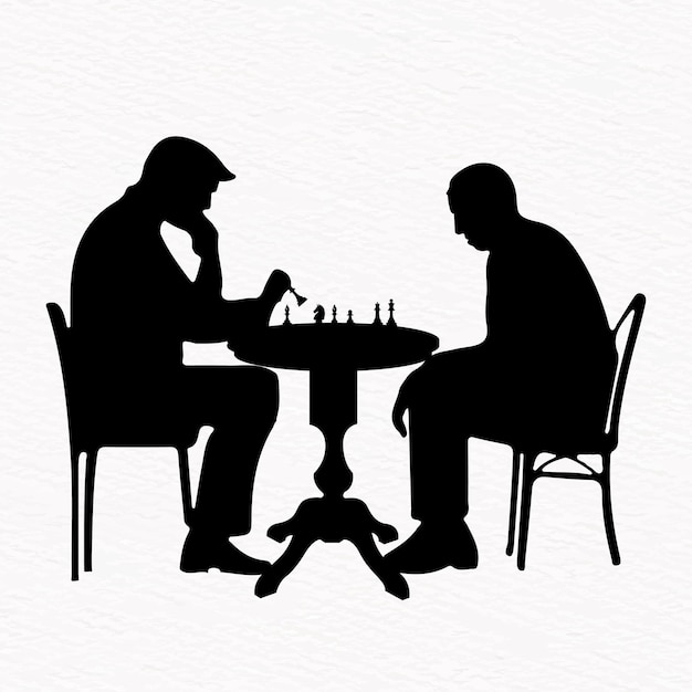 Silueta de dos hombres mayores jugando al ajedrez en una mesa redonda profundamente involucrados en un juego reflexivo