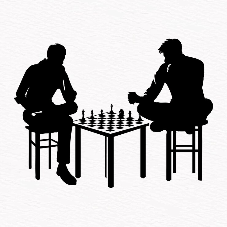 Vector silueta de dos personas involucradas en un juego de ajedrez sentadas una frente a la otra en un tablero de ajedres
