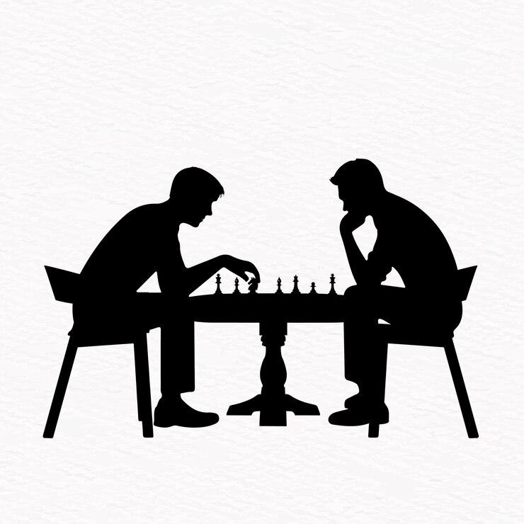 Vector silueta de dos personas involucradas en un juego de ajedrez sentadas una frente a la otra en un tablero de ajedres