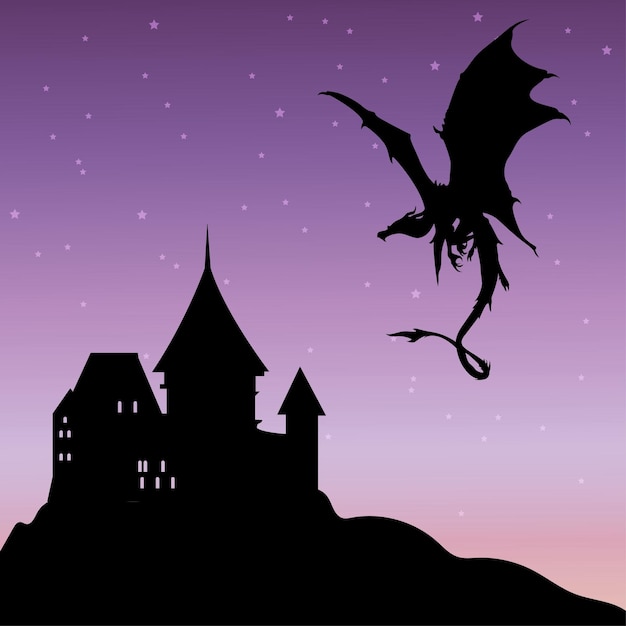 Vector silueta de un dragón y un castillo sobre un fondo de amanecer con papel tapiz de fondo de cartel de estrellas