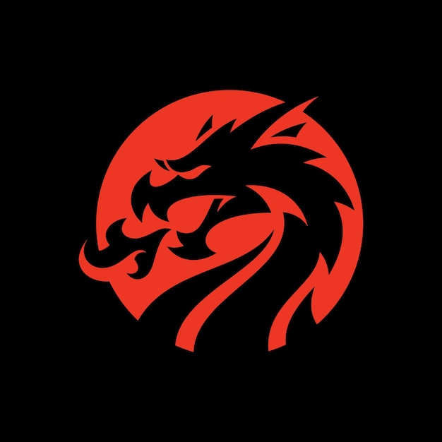 Silueta de dragón que respira fuego sobre fondo oscuro. Diseño de logotipo de mascota de dragón