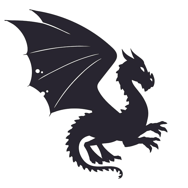 Silueta de dragones Reptil de respiración de fuego alado de dibujos animados Ilustración de vector plano de dragón medieval aterrador