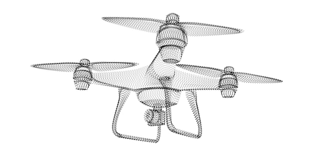 Silueta de drone que consta de partículas y puntos negros. Estructura metálica de vector 3D de un Quadrocopter con una textura de grano. Icono geométrico abstracto con estructura punteada aislado sobre un fondo blanco.