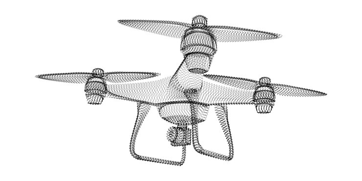 Silueta de drone que consta de partículas y puntos negros. Estructura metálica de vector 3D de un Quadrocopter con una textura de grano. Icono geométrico abstracto con estructura punteada aislado sobre un fondo blanco.