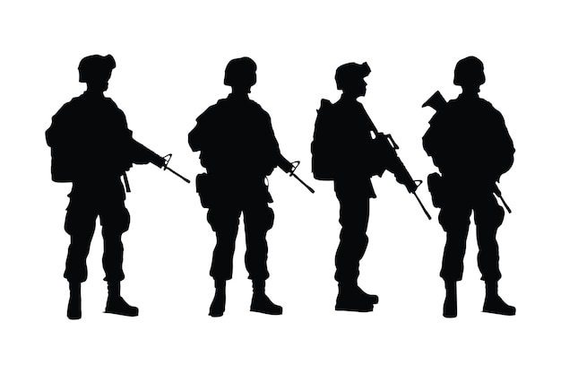 Silueta de ejércitos masculinos sobre un fondo blanco Colección de siluetas de unidades especiales del ejército Soldados masculinos con uniformes y con paquetes de silueta de rifles de asalto Infantería de hombres con rostros anónimos