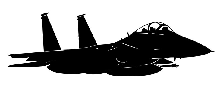 Vector una silueta elegante de un avión de combate militar que muestra su diseño aerodinámico y su poderosa postura ideal para temas de aviación
