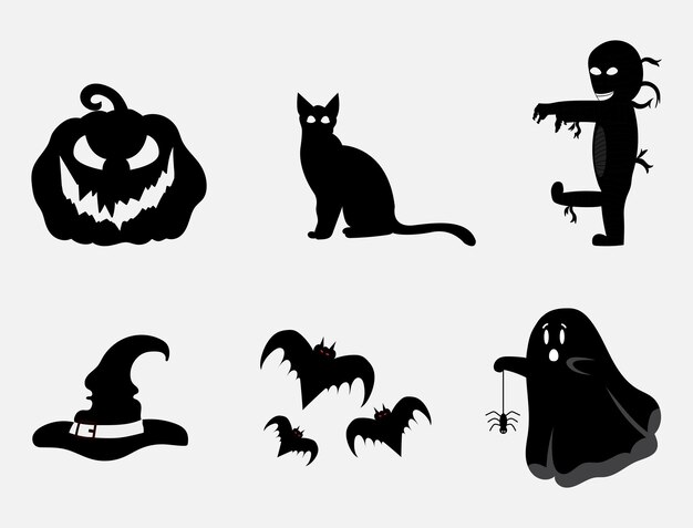 Silueta de elementos de Halloween con calabaza, gato negro, momia, sombrero de bruja, murciélagos y fantasma