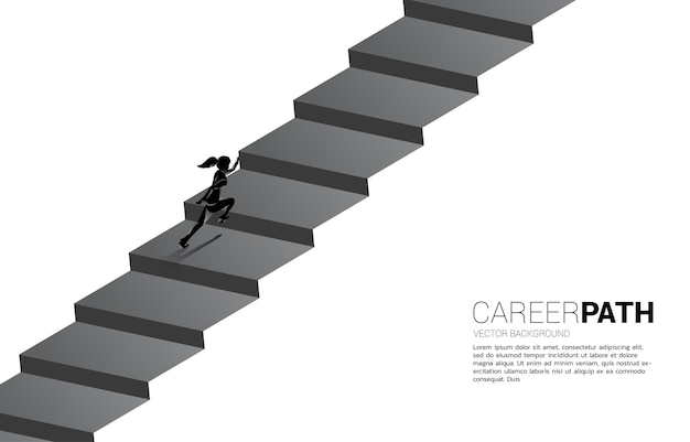 Silueta de empresaria subiendo escaleras. Concepto de personas dispuestas a subir de nivel profesional y empresarial.