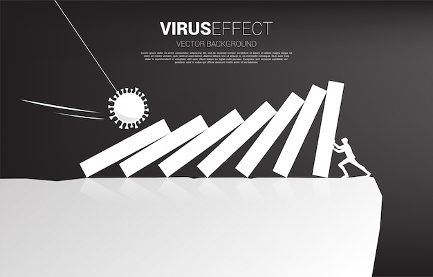 Silueta del empresario cayendo por efecto dominó del virus corona para caer del valle. concepto de crisis económica por brote de virus.