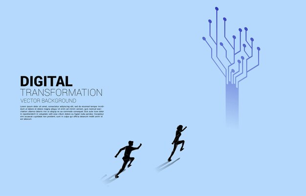 Silueta de empresario corriendo hacia el camino con circuito de línea de conexión de puntos. concepto de transformación digital de la empresa.