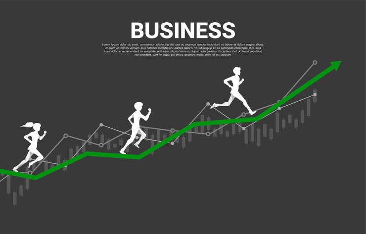 Vector silueta de empresario y empresaria en gráfico. concepto de negocio de éxito en los negocios