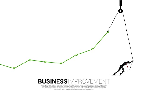 Silueta de empresario levante el gráfico de negocios con cuerda y carrete. concepto de mejora empresarial.