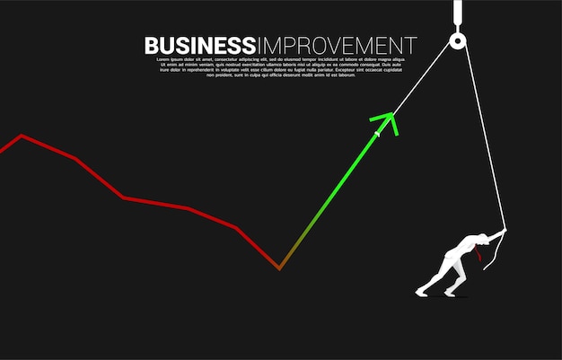 Silueta de empresario levante el gráfico de negocios con cuerda y carrete. concepto de mejora empresarial.