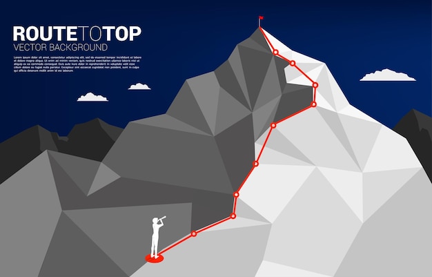 Vector silueta de empresario mirando a través del telescopio en la ruta hacia la cima de la montaña. concepto de objetivo, misión, visión, trayectoria profesional, concepto de vector estilo de línea de conexión de puntos de polígono