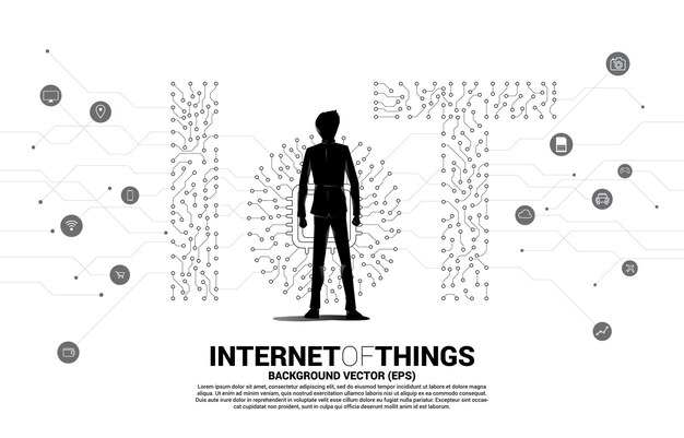 Silueta de empresario de pie con procesador de CPU en el centro de la redacción de IoT del estilo gráfico de línea y punto de circuito. Concepto de tecnología de Internet de las cosas.
