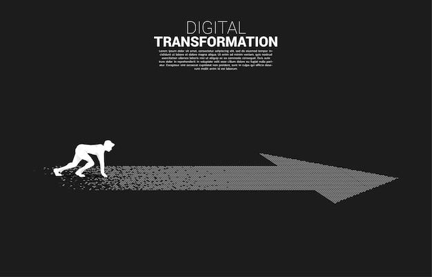 Silueta de empresario en posición lista en la flecha del píxel. concepto de transformación digital de la empresa.