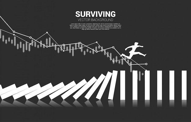 Silueta del empresario saltando en domino colapso. concepto de negocio de interrupción del negocio y efecto dominó