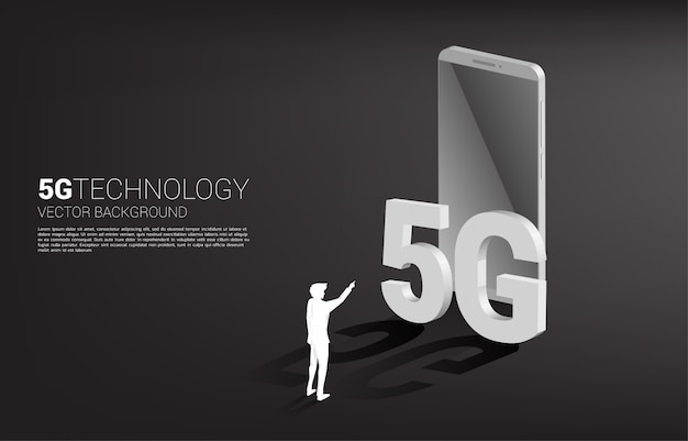 Silueta de empresario toque isométrica y teléfono móvil. concepto de tecnología de telefonía móvil y telecomunicaciones.