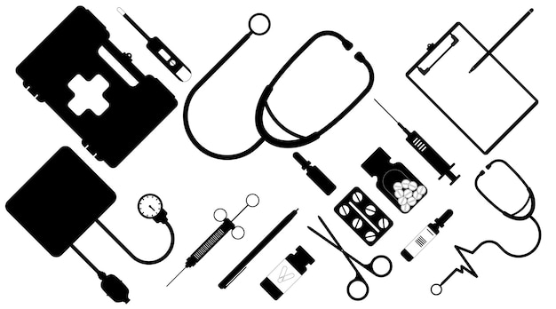 Silueta equipo médico Odontología Drogas medicina píldora vector illustation