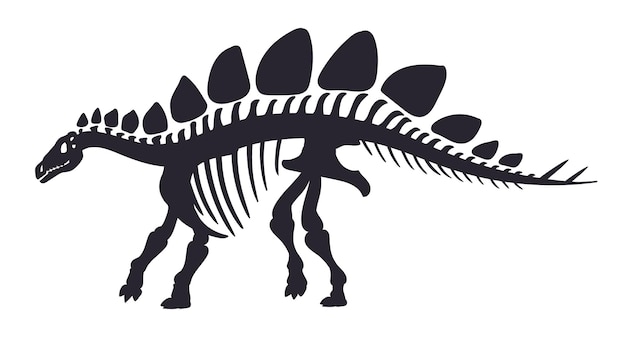 Silueta de esqueleto de Dino Dibujos animados de huesos fósiles de dinosaurios antiguos silueta negra de reptil jurásico Ilustración de vector plano sobre fondo blanco