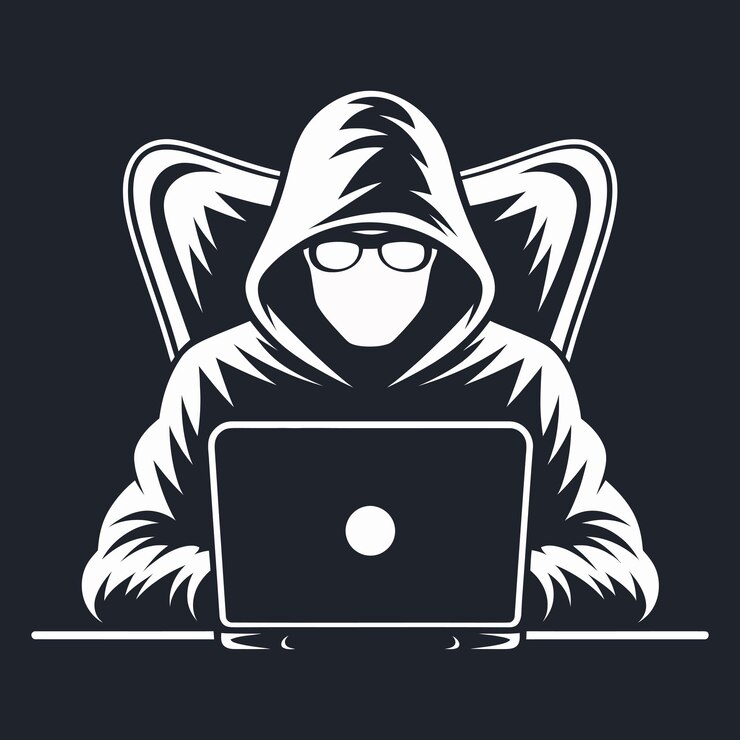 Vector silueta estilizada de hacker con una computadora portátil que ilustra temas de seguridad digital