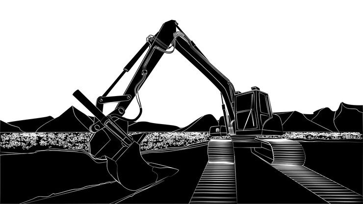 Vector silueta de excavadora en campo con flores y montañas detrás de cucharón de excavadora aislado en el suelo y orugas