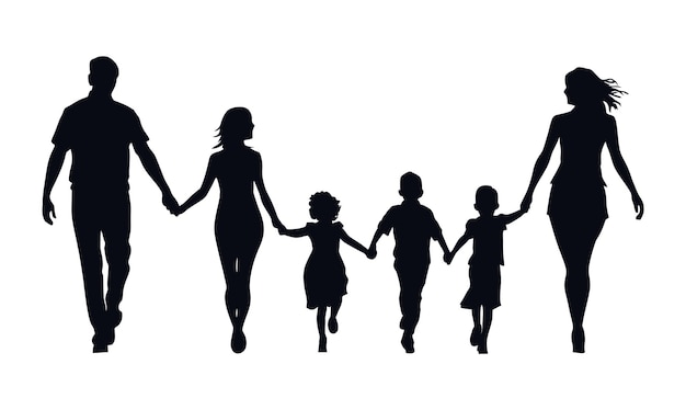 Silueta de una familia caminando en el estilo de clip art sobre un fondo blanco