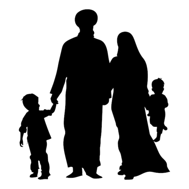 Silueta familia musulmana feliz color negro sólo todo el cuerpo