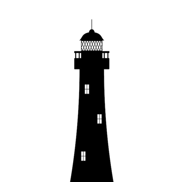 Vector silueta del faro. torre negra con cúpula de luz y ventanas luminosas. punto de referencia de navegación segura junto al mar para barcos en la noche vectorial.